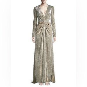 Mac Duggal Ieena Formal Gown metallic silvery gold 26194 maxi plunging 4, Flaws